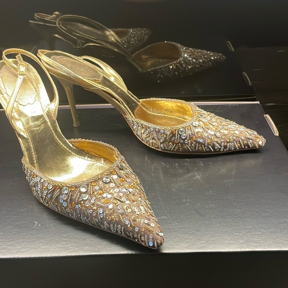 Rene Coavilla bronze beaded/sequence slingback with bronze leather strap - Picture 1 of 8